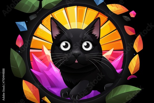 Humorous closeup of a vibrant neon black cat surrounded by simple geometric shapes  banner