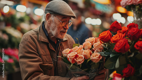 Touching photograph of an elderly man carefully selecting a bouquet of roses, embodying a timeless expression of care and affection.