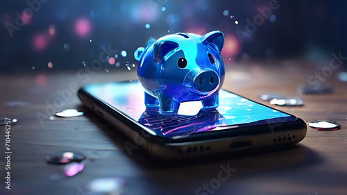 hologram piggy bank on handphone meaning investment and saving in mobile phone concept photo
