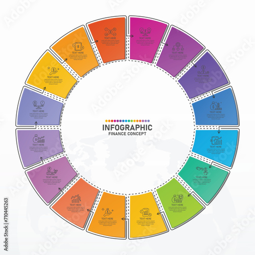Basic circle infographic with 16 steps, process or options.