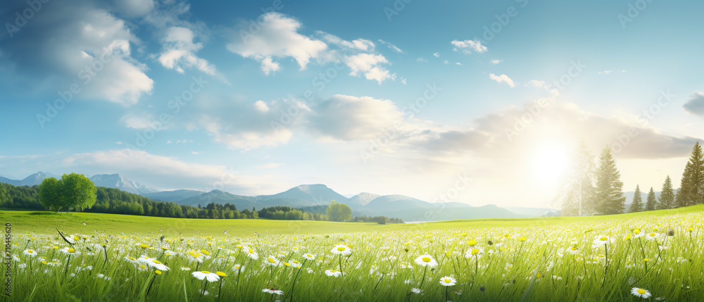 Fototapeta premium Ultra-wide tranquil meadow, serene beauty of spring, bathed in the warmth of sunlight, copy space