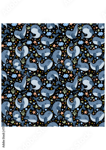 Seamless pattern background with friendly cute whales 