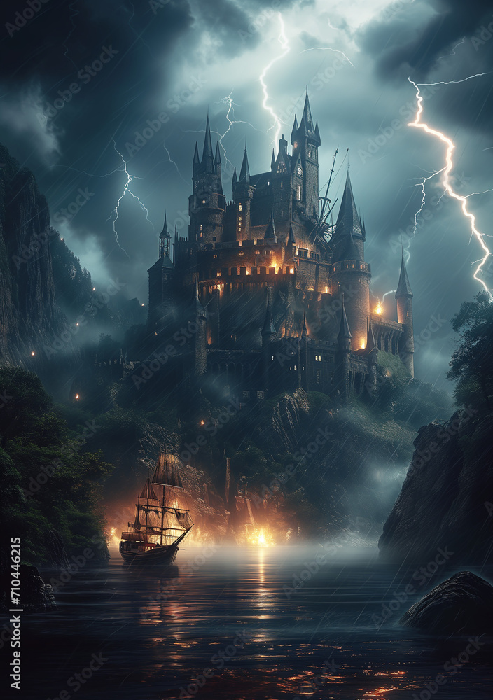 castle besides a lake with a pirate ship on it, black stone, impressive fantasy architecture, very heavy rain, lightning lighting up the sky, cinematic photography, intricate details, fastas