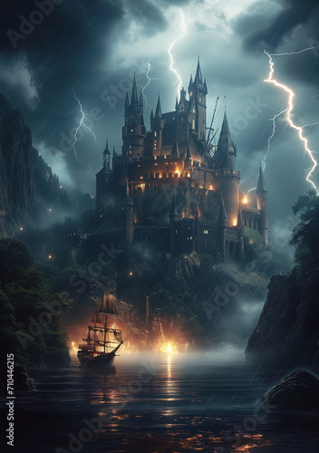 castle besides a lake with a pirate ship on it  black stone  impressive fantasy architecture  very heavy rain  lightning lighting up the sky  cinematic photography  intricate details  fastas