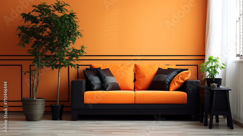 high quality image of home interior with bright paint and one plant in it having WPC wooden works with orange and white theme black sofa in it classic feel © Love Mohammad