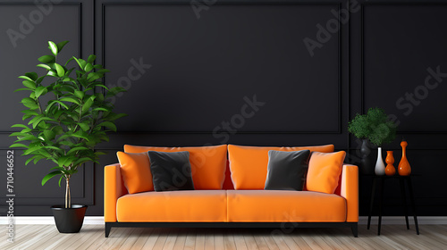 high quality image of home interior with bright paint and one plant in it having WPC wooden works with orange and white theme black sofa in it classic feel photo
