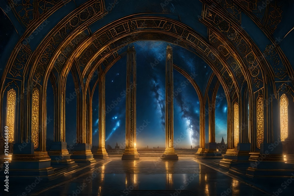 Develop a narrative about characters celebrating a significant event or festival beneath the luminous Islamic crescent in the enchanting setting of a starry night.
