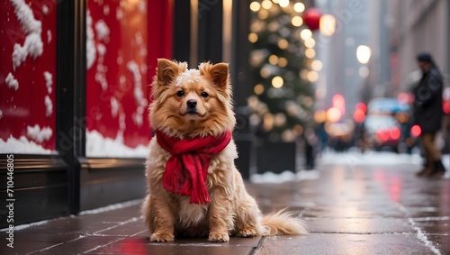 cinematic, stunning, minimalist, cute red fluffy dog in heavy snowy New York city street sitting front of Macy's entrance, beautiful shot, 8k, Extremely detailed. generative AI