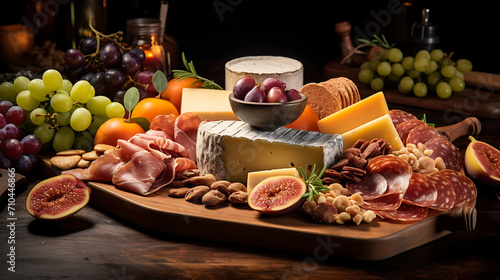 a beautifully arranged charcuterie board with an assortment of cheeses, cured meats, and fresh fruits, highlighting the artistry and deliciousness of gourmet food, captured in high definition