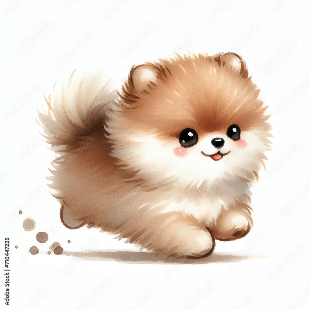 Pomeranian dog running on white background, watercolor style, illustration, Generative, AI Pomeranian dog running on white background, watercolor style, illustration, Generative, AI