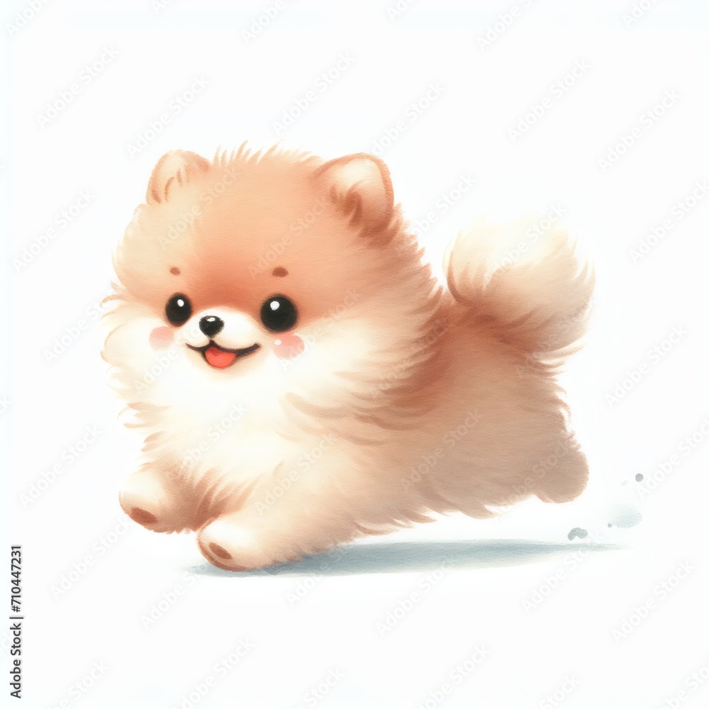 Fototapeta premium Pomeranian dog running on white background, watercolor style, illustration, Generative, AI