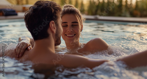 Verliebetes Paar sitzt im Whirlpool und genießt den Moment