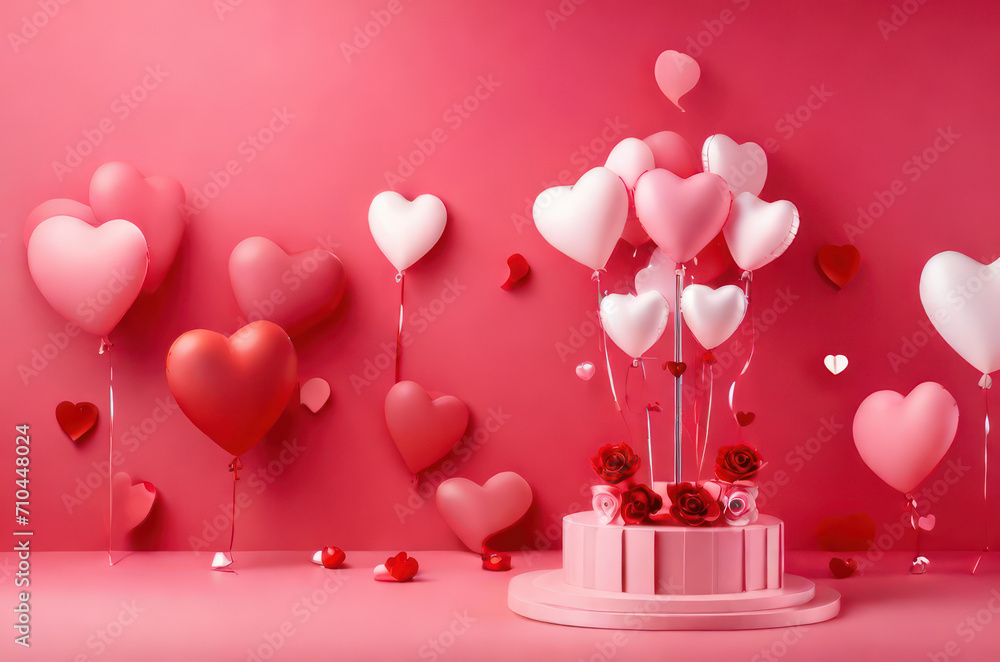 Happy day background with red and pink heart balloons and present cake