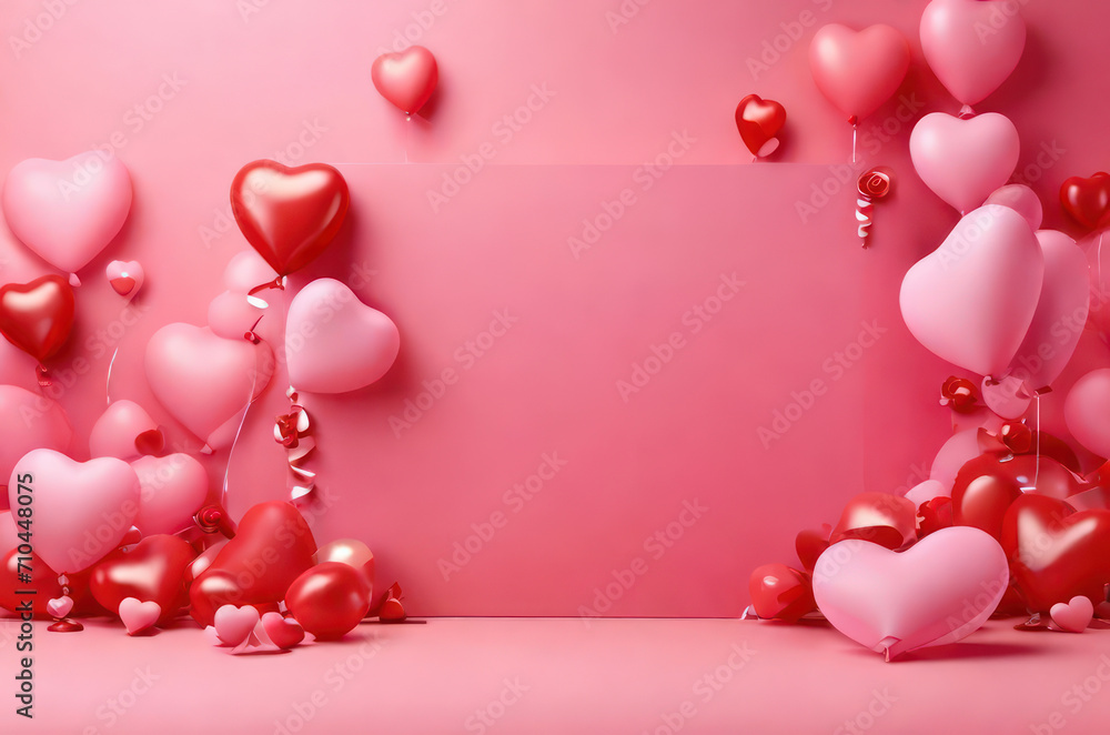 Happy day background with red and pink heart balloons 