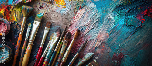 A vibrant tapestry of paint strokes and splatters alongside well-used brushes tells a story of artistic passion and creativity