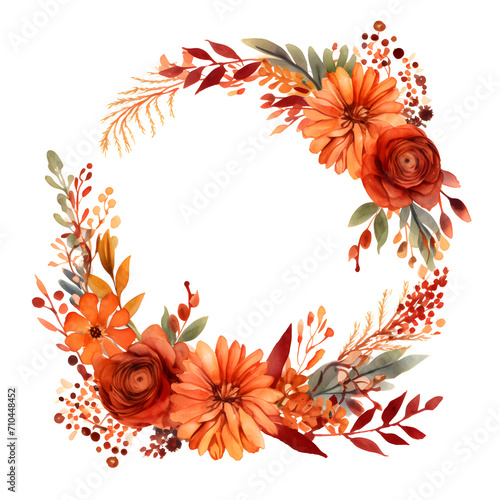 Autumn floral frame. Fall wreath. Rusty flowers circle border.