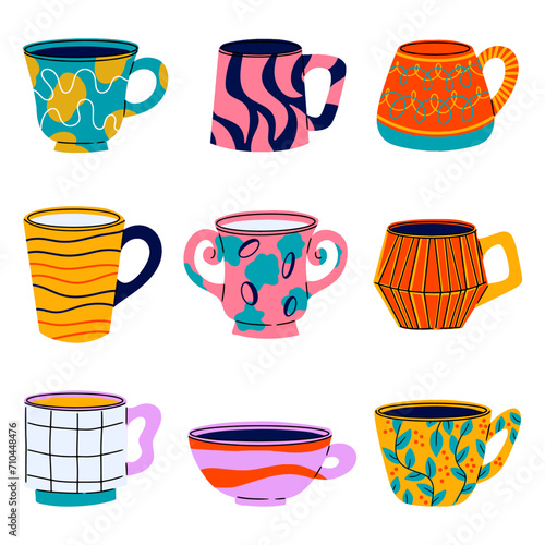 Collection of different modern cups . Set of colored mugs filling decorated with design elements vector flat illustration Cute trendy crockery with handle for drink