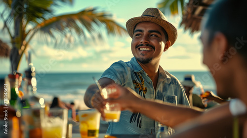 Portrait of a man wearing a straw hat while meeting friends at a resort beach bar, advertising a popular vacation spot and cruise trip