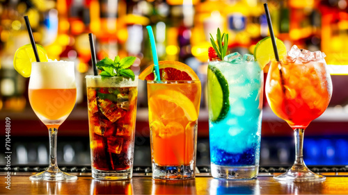 A variety of drinks and lemonades on the bar counter, the concept of advertising a bar card in a hotel or cafe on the beach, vacation and travel on a cruise ship