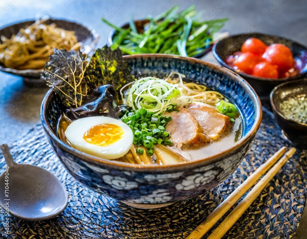 Tasty Japanese ramen soup bowl with pork, egg, and vegetables