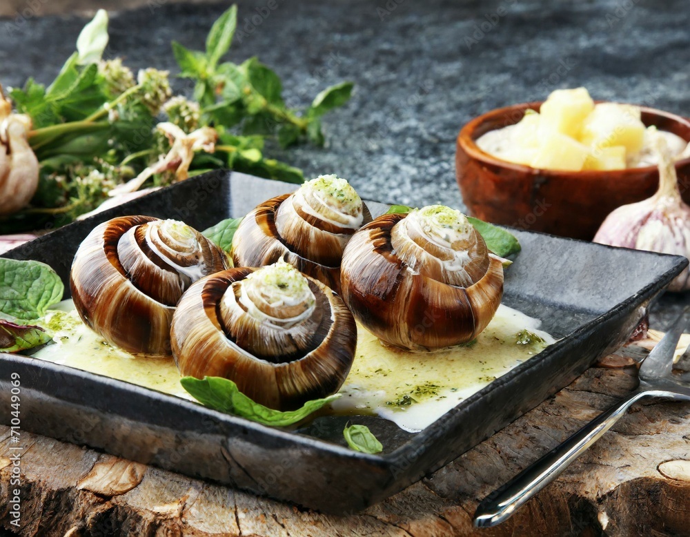 traditional snails with garlic butter as gourmet food