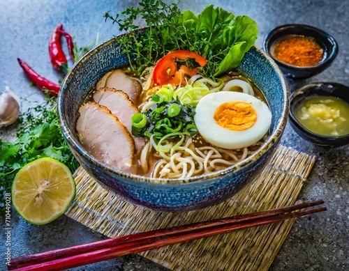 Tasty Japanese ramen soup bowl with pork, egg, and vegetables