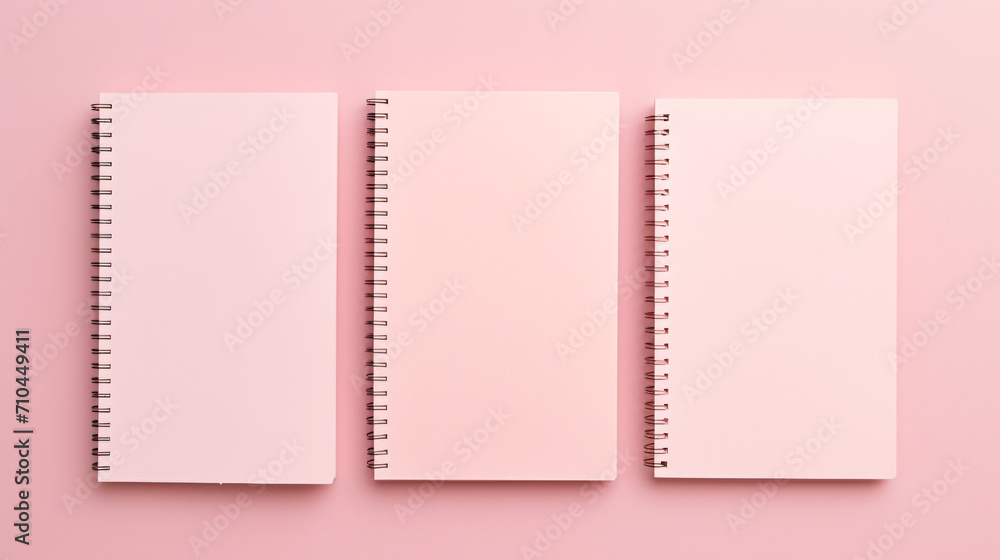 Different notebooks on light pink background top view - obrazy, fototapety, plakaty 