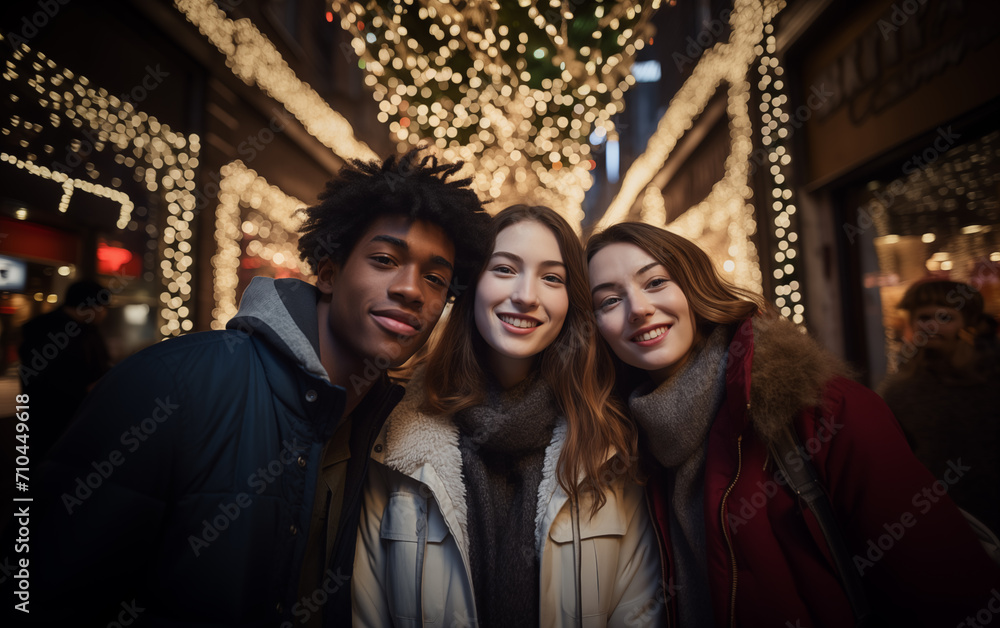 Fototapeta premium Three young peolple of different nationaliry on christmas street