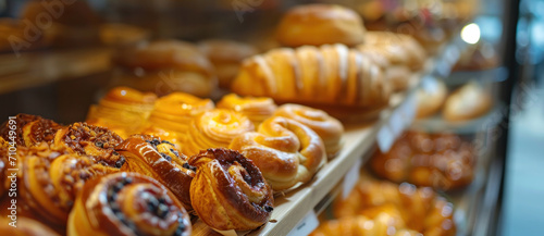 An enticing display of freshly baked pastries glimmers under the warm light of a bakery, inviting a delightful indulgence photo