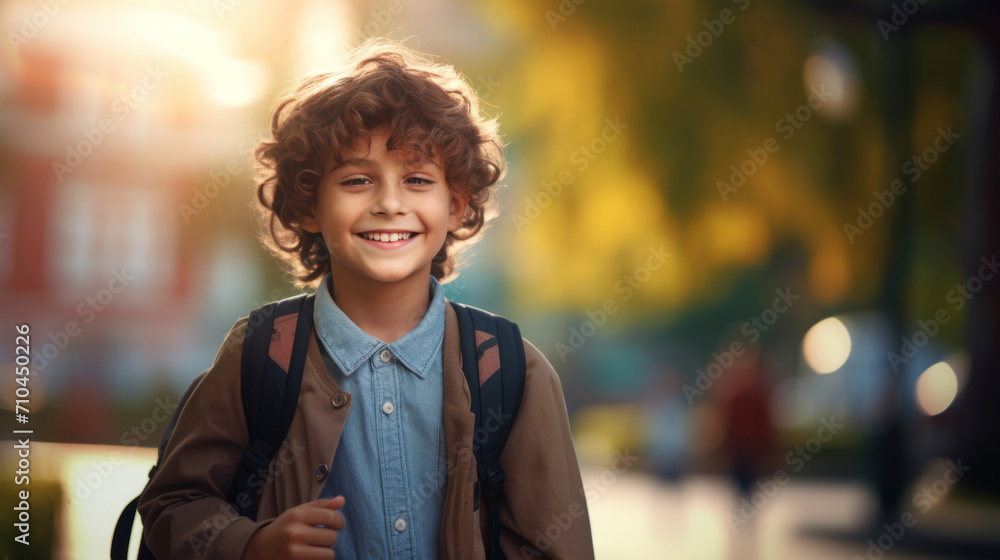 Portrait image of happy smiling boy with school backpack outdoors Portrait image of happy smiling boy with school backpack outdoors