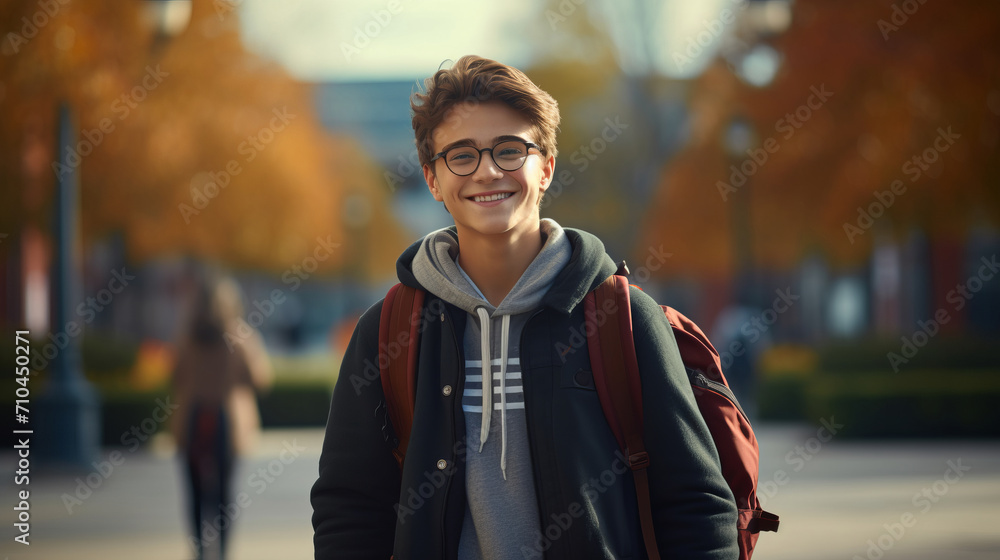 Portrait image of happy smiling boy with school backpack outdoors