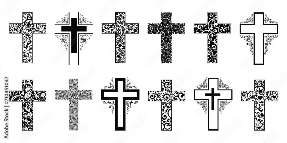 Religion cross icon set isolated on white background.  Big Collection of Christian Symbol design. Decorated crosses signs or ornamented crosses symbols. Vector illustration