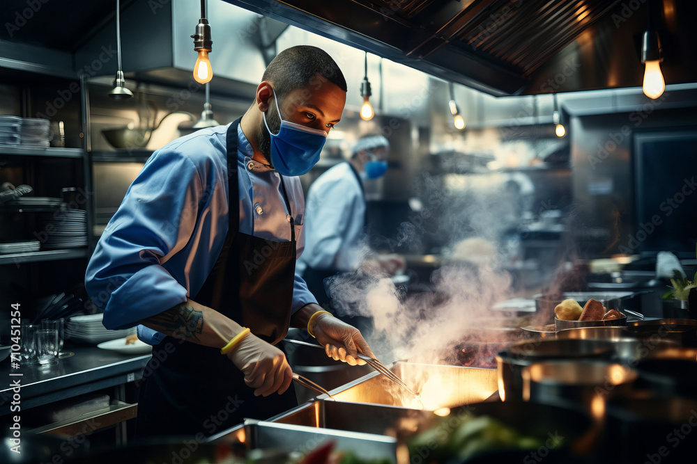 Chef in medical mask is cooking in a busy kitchen Chef in medical mask is cooking in a busy kitchen