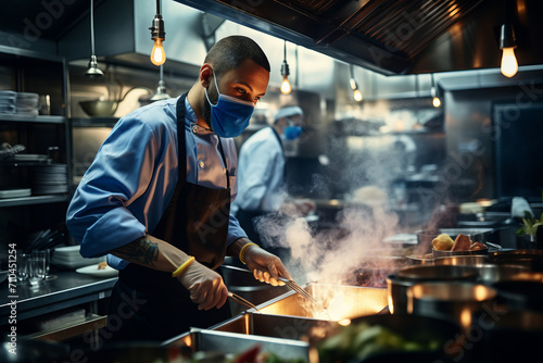 Chef in medical mask is cooking in a busy kitchen