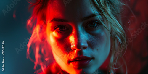 Intense young woman, blue and red lighting on face, direct gaze, feeling of inner strength, vivid contrast