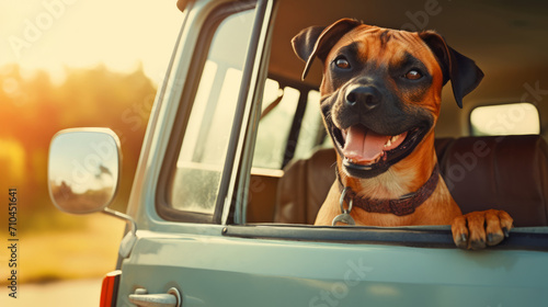 Happy beautiful dog traveling in the car, looking through the automobile window