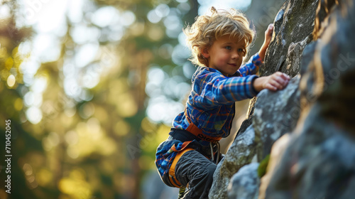Obraz na płótnie athletic boy in sportswear climbs a climbing wall with belay, sports ground, tra