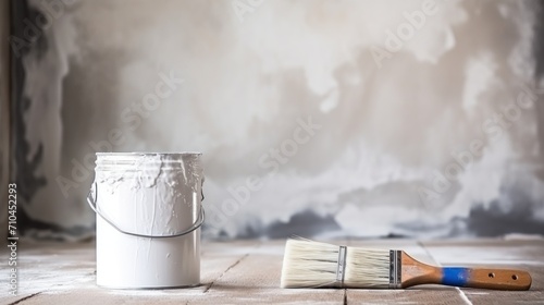 painter man, brush in hand for products to restore and paint the wall, indoor the building site of a house, wall during painting, renovation, painting, contractor, Architect, construction worker. photo