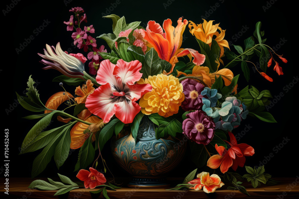 Vase with green leaves and colorful flowers Vase with green leaves and colorful flowers