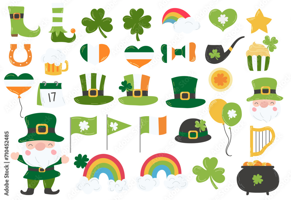 Happy St. Patrick's Day elements mega set with green clover, shamrock, green ale, gold coins pot, and rainbow on white background. St. Patrick's Day typography mega bundle. Saint Patrick's Day ... Happy St. Patrick's Day elements mega set with green clover, shamrock, green ale, gold coins pot, and rainbow on white background. St. Patrick's Day typography mega bundle. Saint Patrick's Day ...