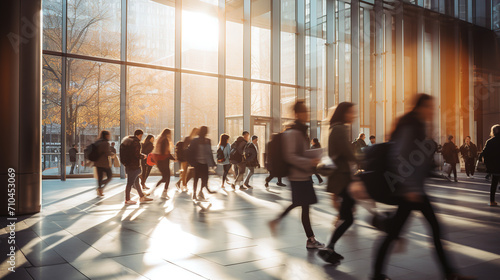 Blurry image. background image of a Group of young People walking quickly to classes in a modern building photo