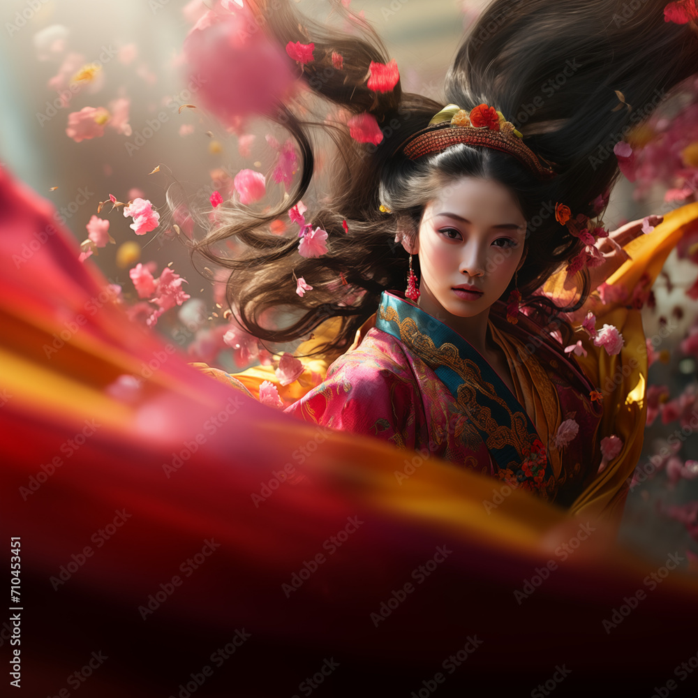 Fototapeta premium Portrait of an Asian beautiful girl with luxurious hair in an expensive kimono, with flowers and fabrics swirling in the wind.