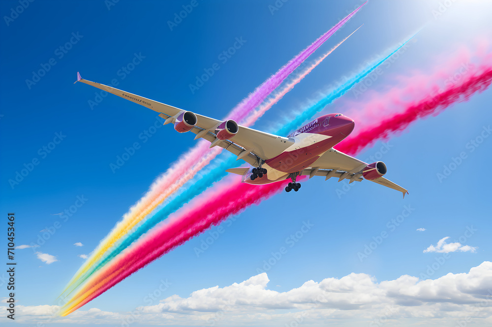 Airplane in the blue sky with colorful smoke trail. Concept of travel - obrazy, fototapety, plakaty 