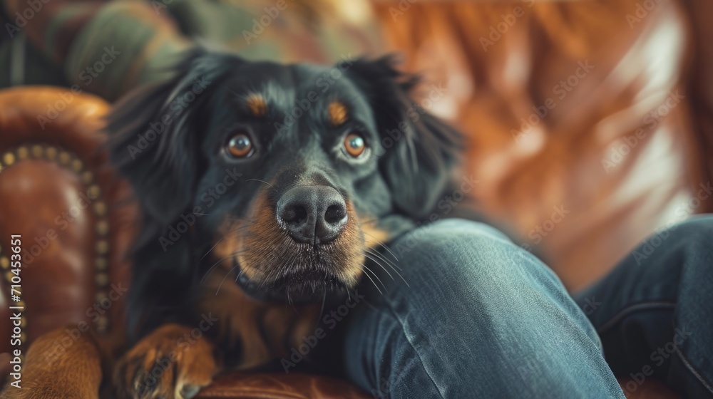 Shot from the Perspective of a Pet Looking Up at their Owner, capturing a unique bond in a bright, homely environment Shot from the Perspective of a Pet Looking Up at their Owner, capturing a unique bond in a bright, homely environment