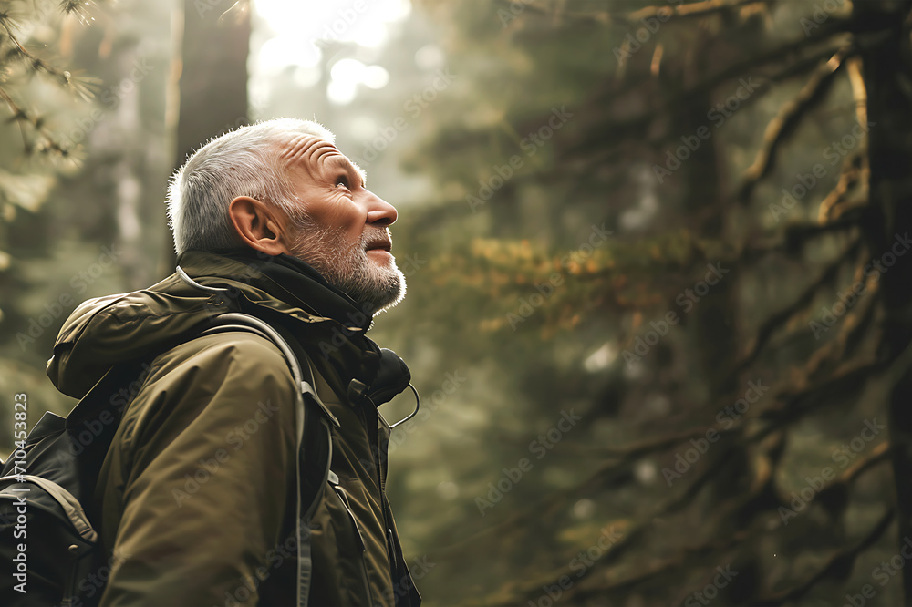 Senior Man Enjoying Forest Hike. A senior tourist with a gray beard and green jacket looks up, exploring a dense, foggy forest, sunlight filtering through the trees. Hike concept. Horizontal photo