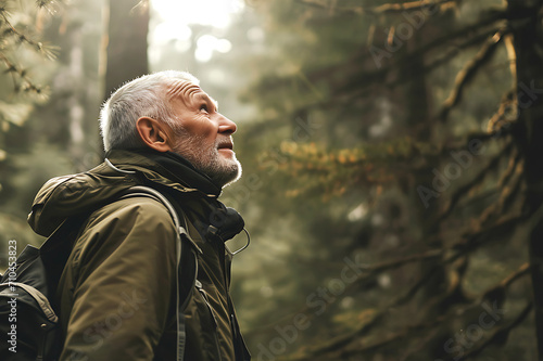 Senior Man Enjoying Forest Hike. A senior tourist with a gray beard and green jacket looks up, exploring a dense, foggy forest, sunlight filtering through the trees. Hike concept. Horizontal photo
