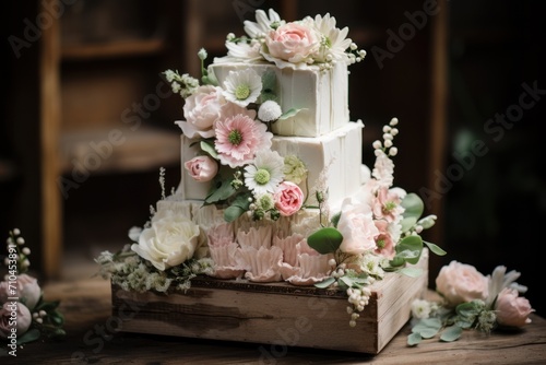Wedding cake decorated with flowers and berries on a wooden background