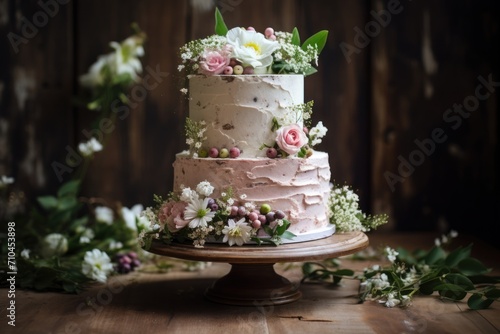 Wedding cake decorated with flowers and berries on a wooden background