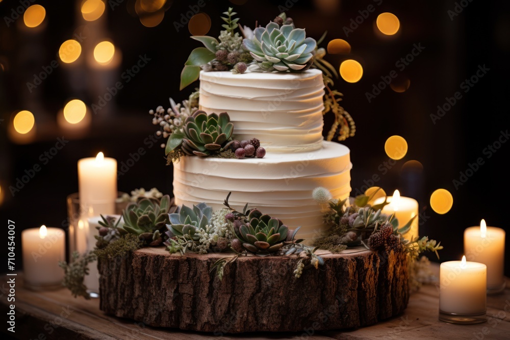 Beautiful wedding cake with succulents and candles on wooden table