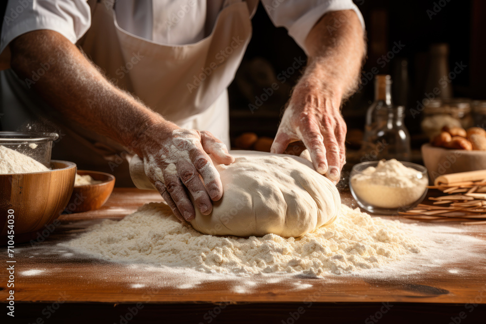 Male cook kneading dough. Concept of home baking, cooking, bread production